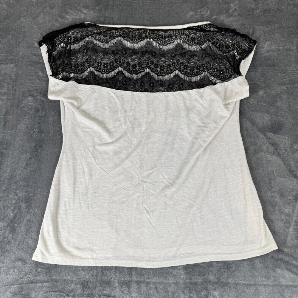 Hybrid Apparel Womens Top Size XL White Rose Graphic Gold Lace Back Biker Rock - Picture 5 of 6